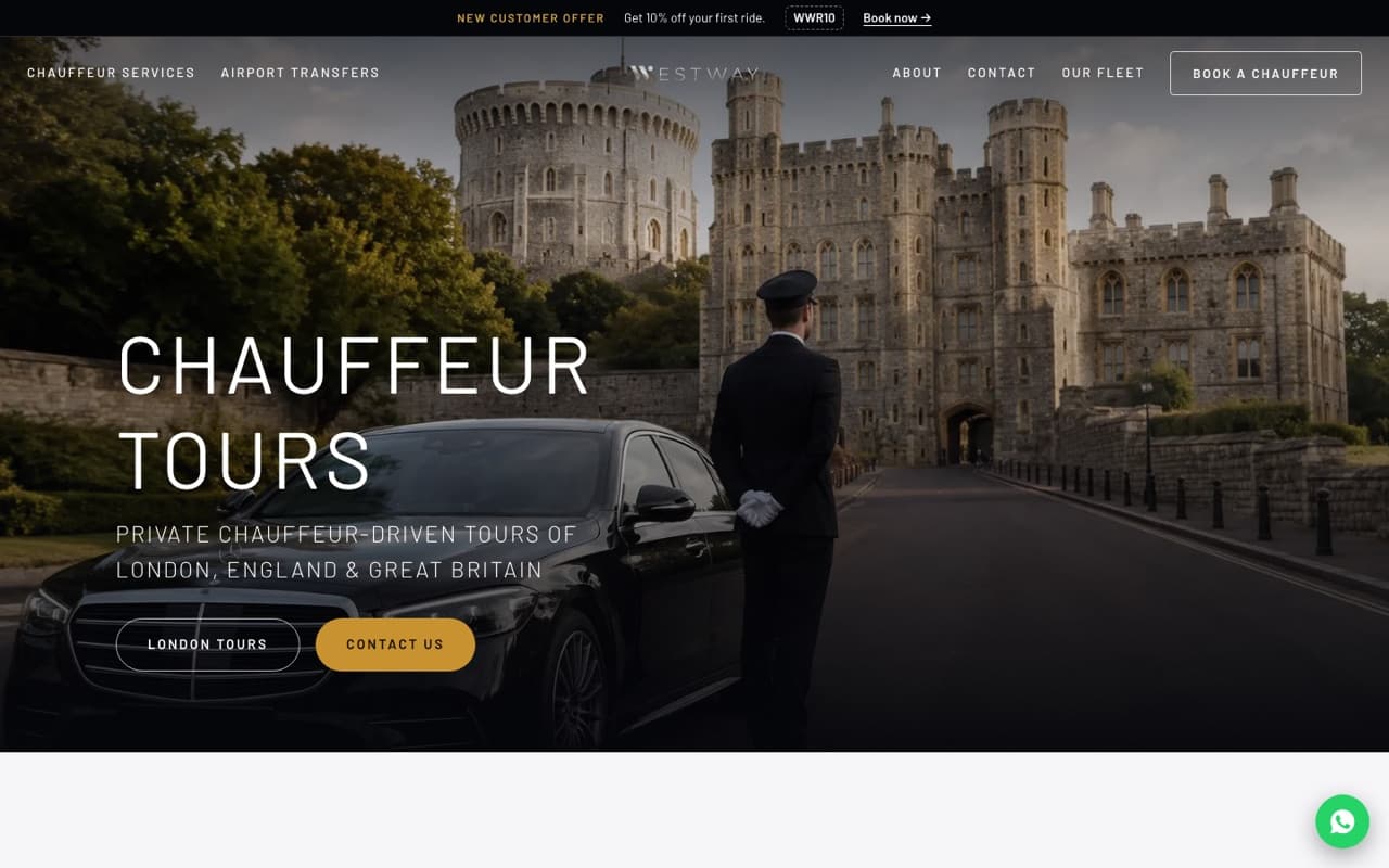 WestwayRide chauffeur tours page with a chauffeur and a black saloon in front of Windsor Castle